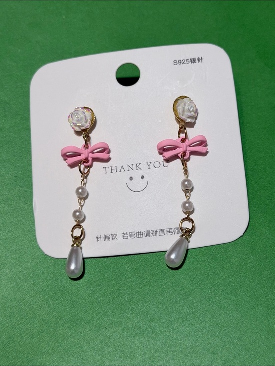 Jewelry - Pink Bow & Pearl  Rose Drop Dangle Earrings